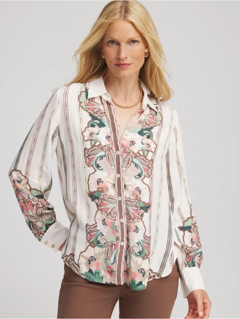 NWT Chico's Floral Pattern Button Up Long Sleeve Shirt Size 3 Collar Boho Resort